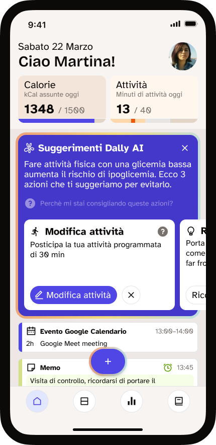 schermata app gestione diabete Dally
